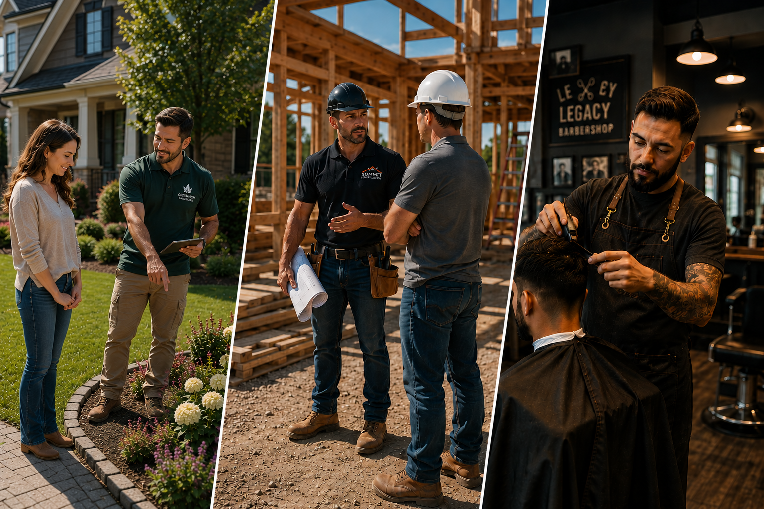 Local service business owners — landscaper, contractor, and barber — serving their customers